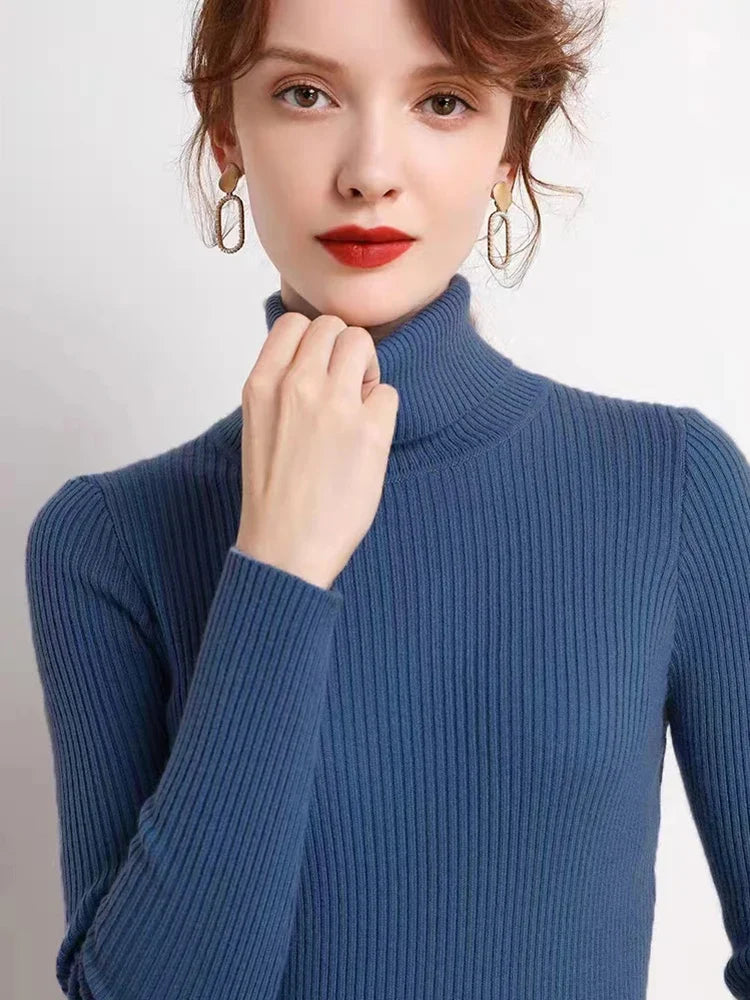 Turtleneck Jumper Woman Knitted Blouse - Blue / One Size