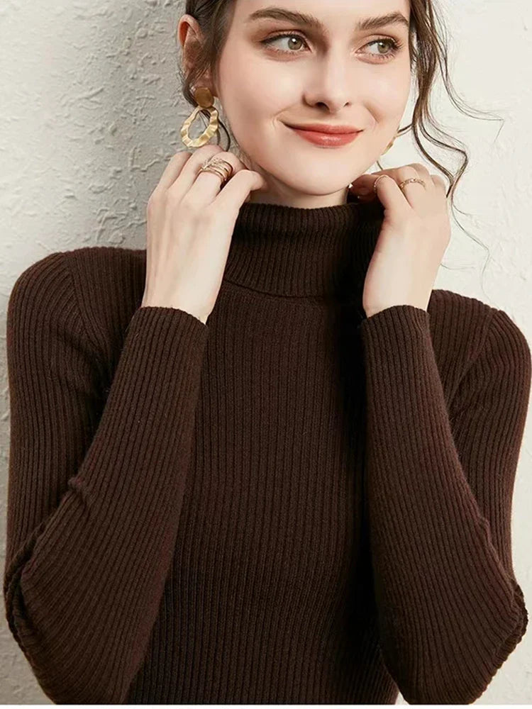 Turtleneck Jumper Woman Knitted Blouse - brown / One Size