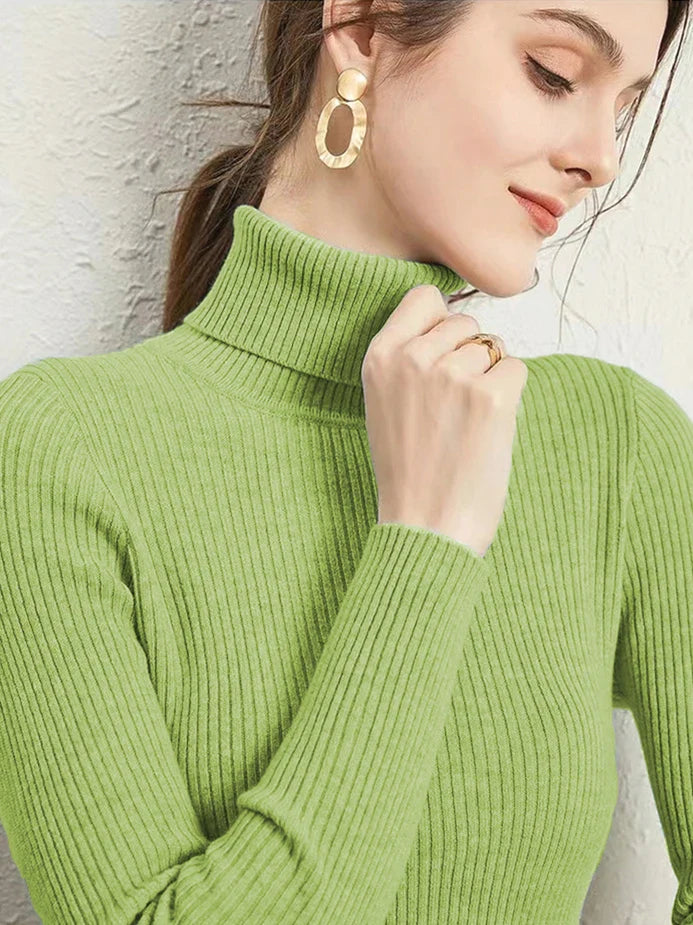 Turtleneck Jumper Woman Knitted Blouse - Fruit-Green / One Size