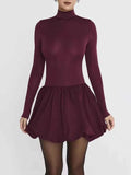 Turtleneck Long Sleeve Women Mini Dress Burgundy High Waist A-line