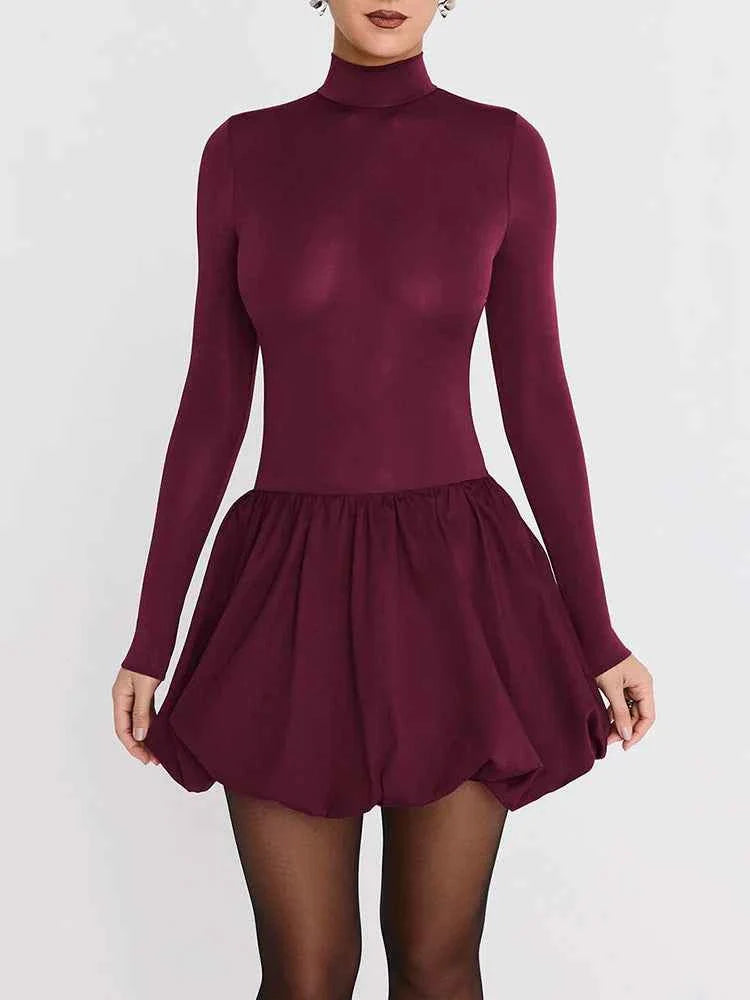 Turtleneck Long Sleeve Women Mini Dress Burgundy High Waist A-line
