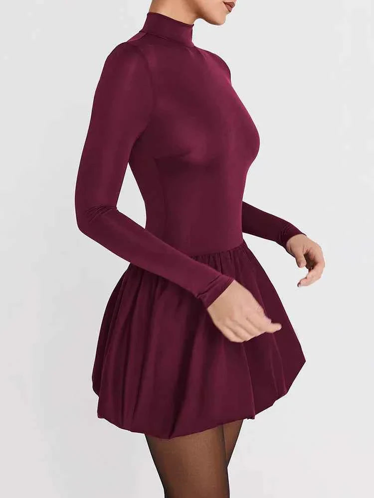 Turtleneck Long Sleeve Women Mini Dress Burgundy High Waist A-line