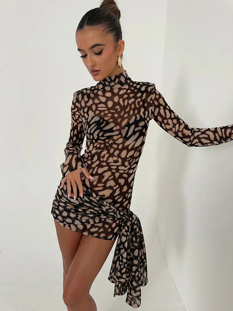 Turtleneck Sheer Print Leopard Bandage Women Dress - Other
