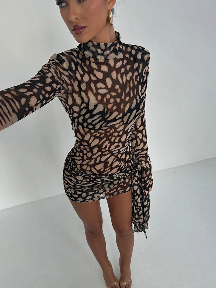 Turtleneck Sheer Print Leopard Bandage Women Dress - Other