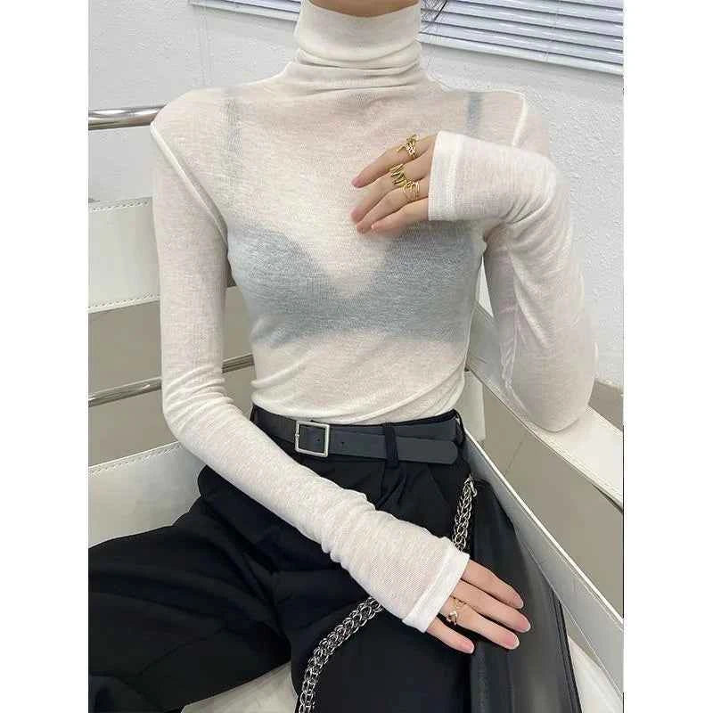 Turtleneck Slim High Quality Plain T Shirt Women