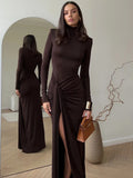 Turtleneck Thigh High Split Maxi Dress For Women Fashion - Other