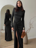 Turtleneck Thigh High Split Maxi Dress For Women Fashion - Other