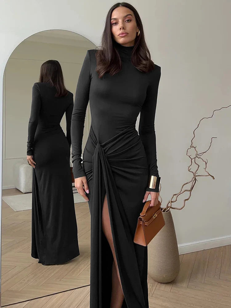 Turtleneck Thigh High Split Maxi Dress For Women Fashion - Other