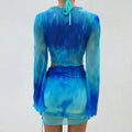 Two Piece Set Blue Tie Dye Mesh Crop Top Cardigan Mini Skirts