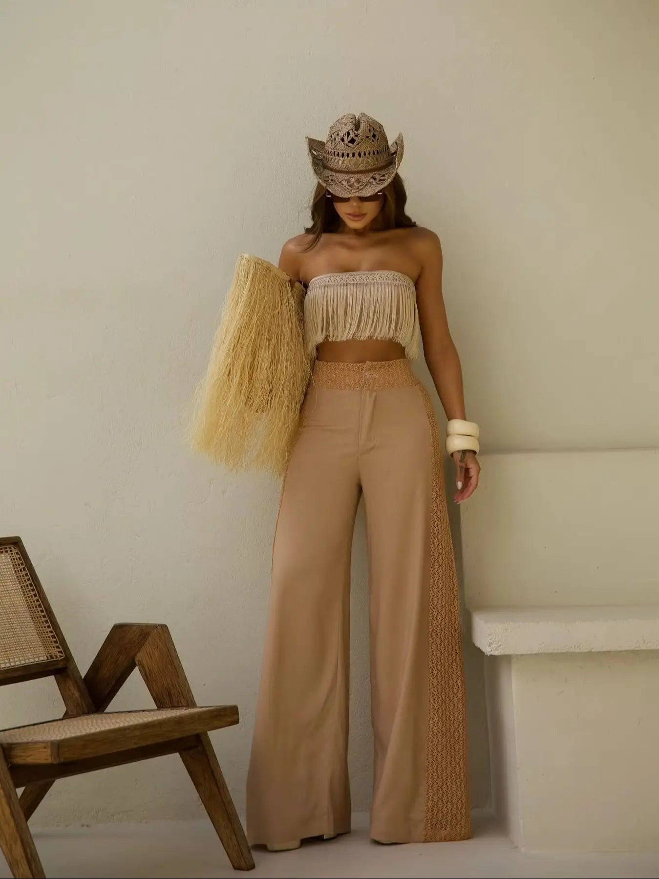 Two Piece Set With Pants Wide-Leg Summer Women White Tube Top with Suit - PI25174K1 / L