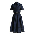 Two Piece Sets For Women Short Sleeve Patchwork Pockets Tops High Waist A Line Skirts - NAVY / M