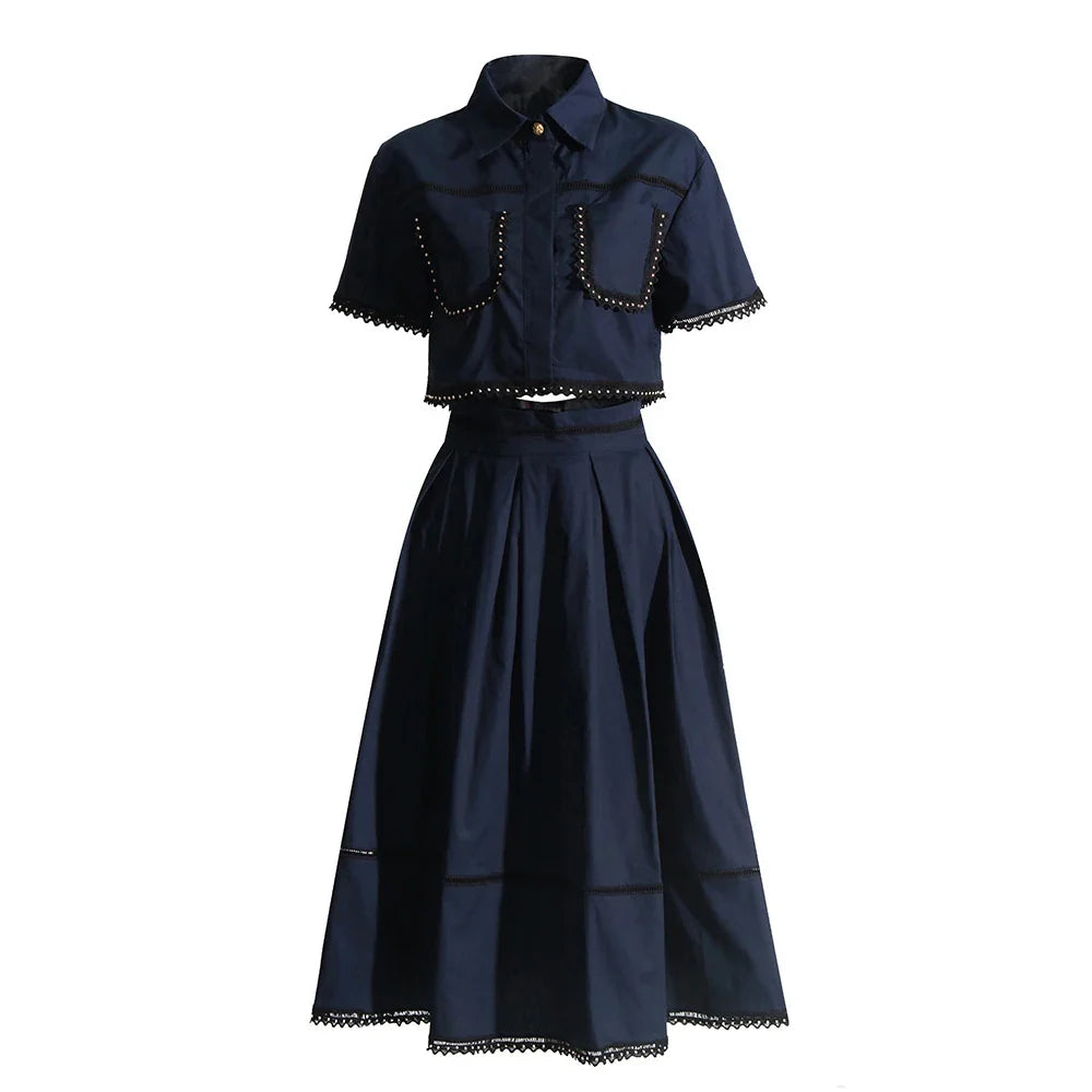 Two Piece Sets For Women Short Sleeve Patchwork Pockets Tops High Waist A Line Skirts - NAVY / M