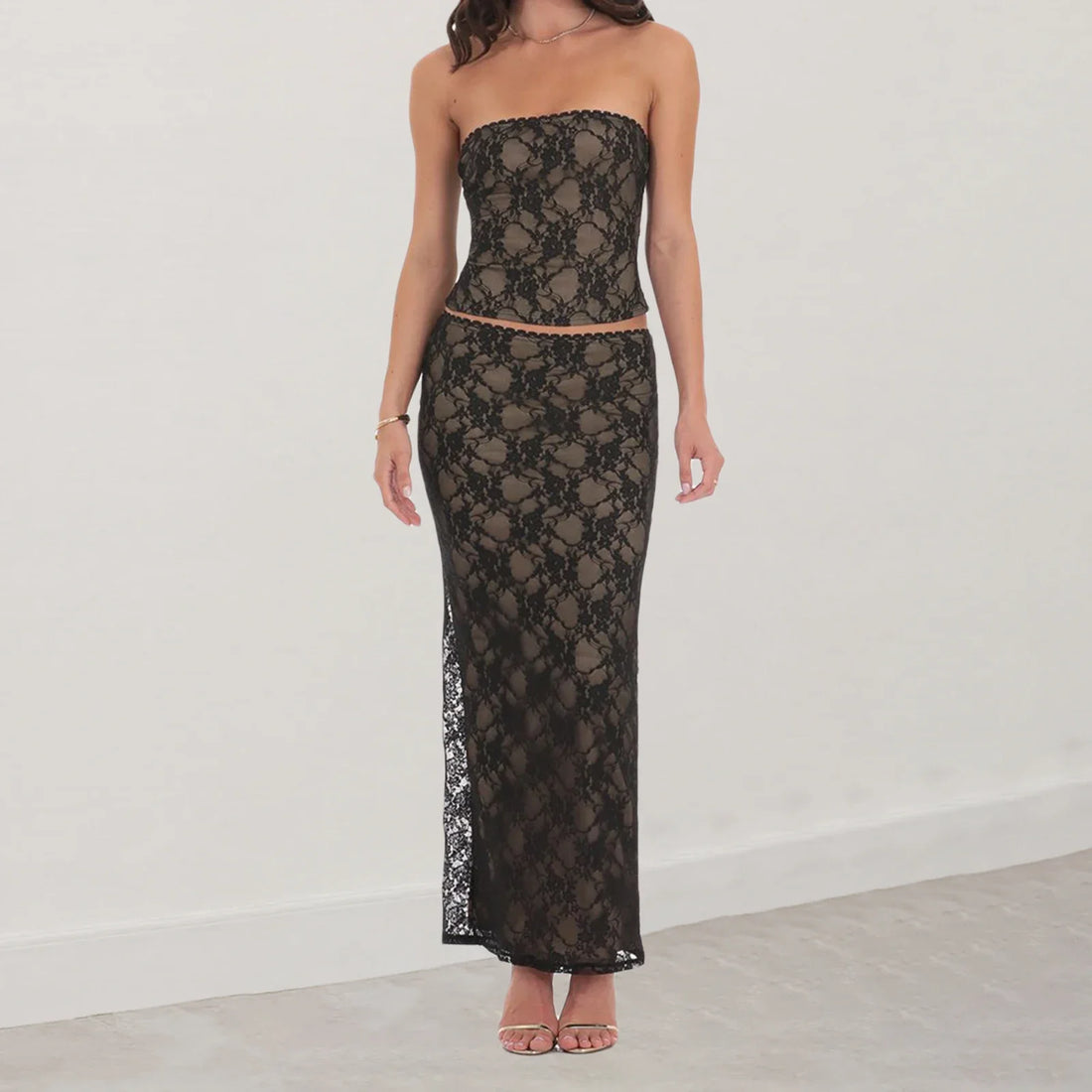 Two Piece Strapless Lace Dress - black / S