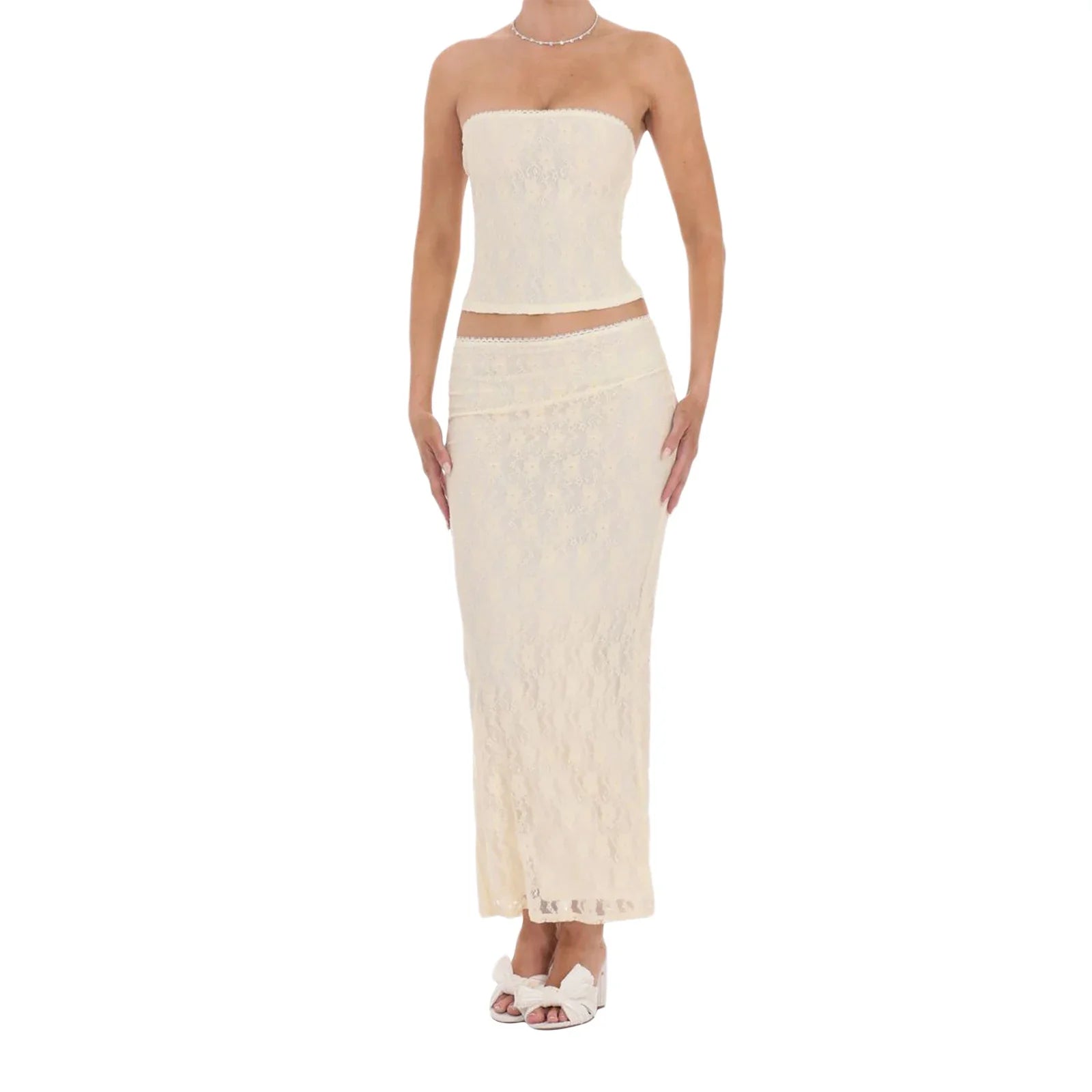 Two Piece Strapless Lace Dress - WHITE / M