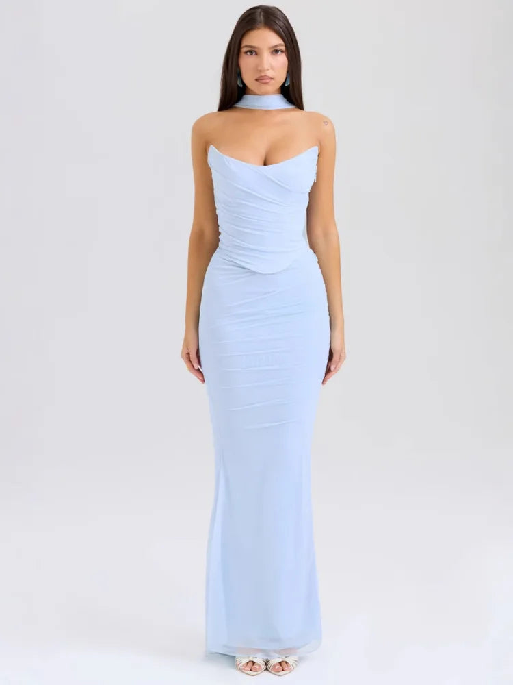 Two Pieces Sets For Women Strapless Off-shoulder Sleeveless Tops And Elegant High Waist Long Skirt - Blue / XS