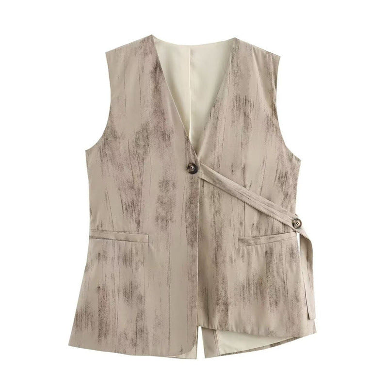 V-neck Buttons Decorative Lace-up Sleeveless Waistcoat Vest Wide-leg Casual Pants Suit - Top / L - Other