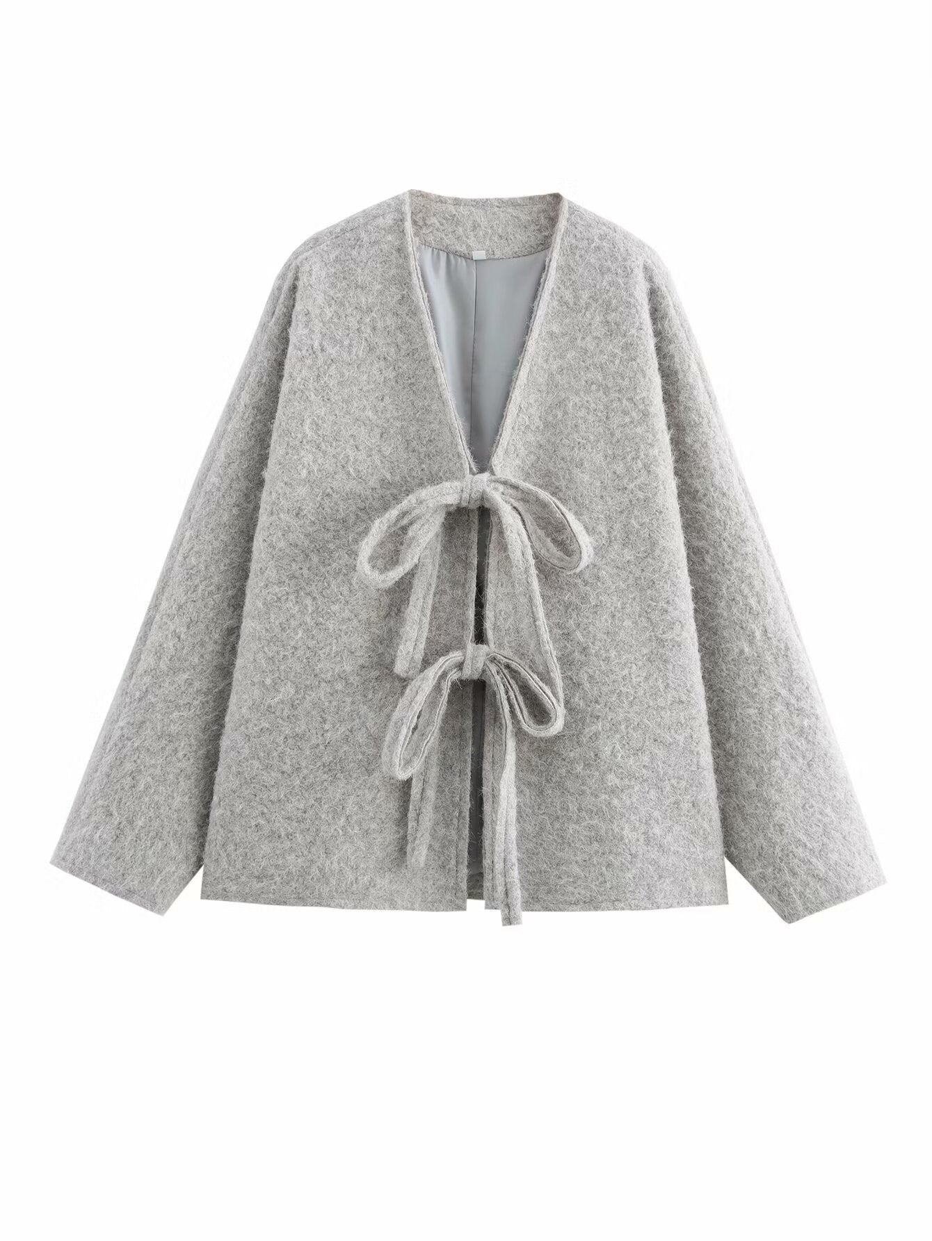 V-neck Cardigan Fashion Casual Lace Up Woolen Coat Short - Gray / L - electronic accessories