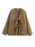 V-neck Cardigan Fashion Casual Lace Up Woolen Coat Short - Khaki / L - electronic accessories