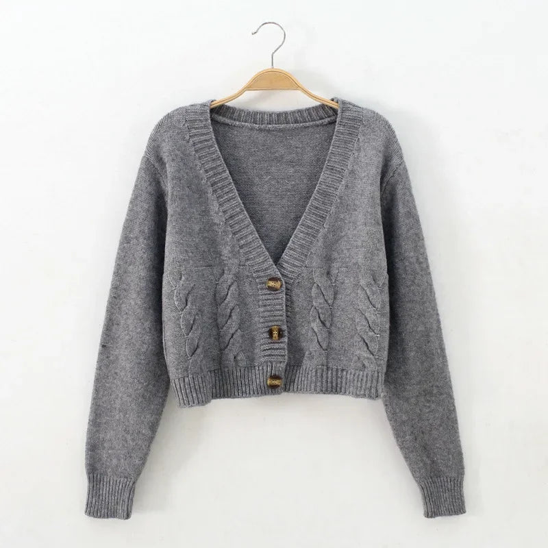 V Neck Cropped Cardigan for Women - Long Sleeve Twist Knitted Sweater Coat - Other