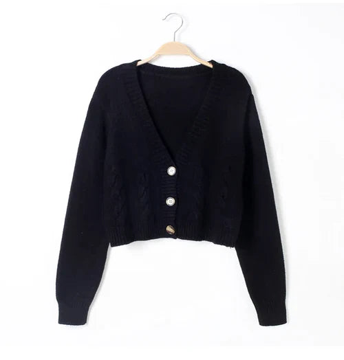 V Neck Cropped Cardigan for Women - Long Sleeve Twist Knitted Sweater Coat - One Size / black - Other