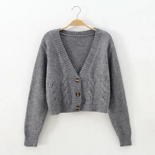 V Neck Cropped Cardigan for Women - Long Sleeve Twist Knitted Sweater Coat - One Size / gray - Other