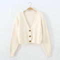 V Neck Cropped Cardigan for Women - Long Sleeve Twist Knitted Sweater Coat - One Size / beige - Other