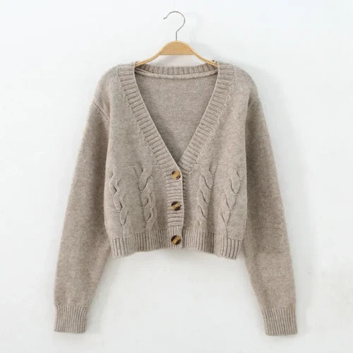 V Neck Cropped Cardigan for Women - Long Sleeve Twist Knitted Sweater Coat - One Size / apricot - Other