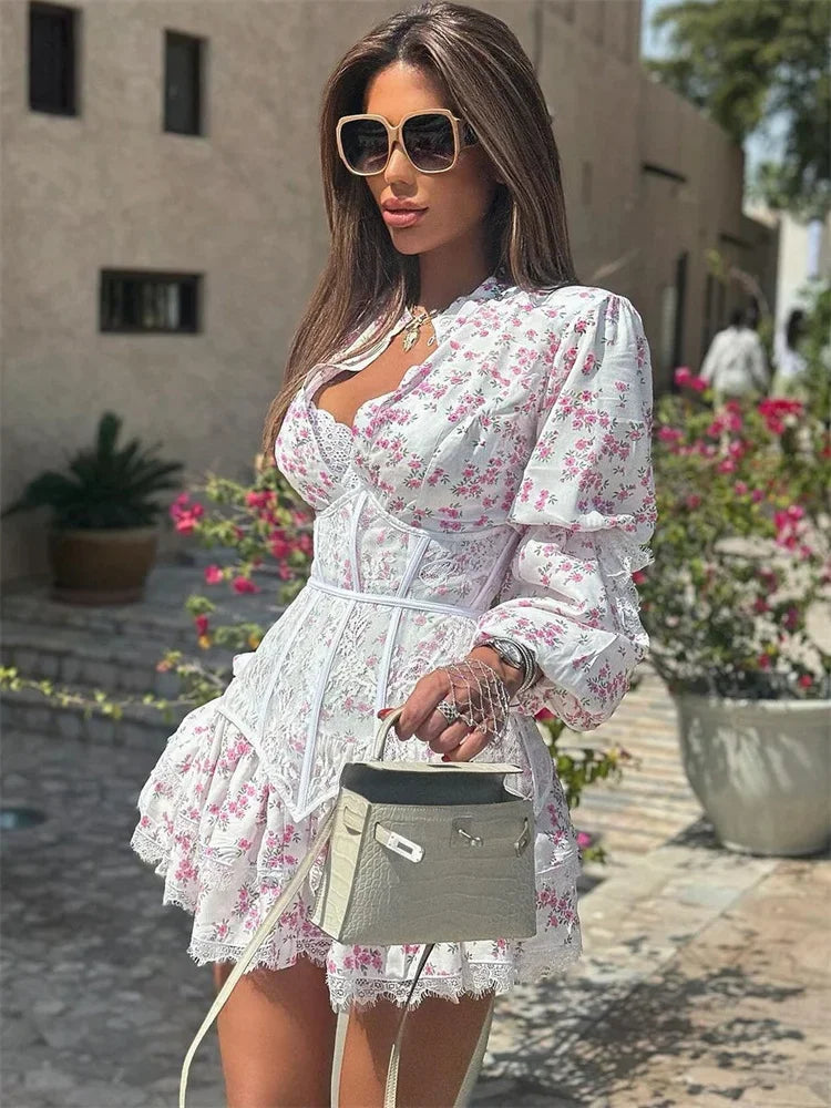 V-Neck Printed Mini Lace Dress Female Ruffled High Waist Long Sleeve