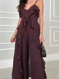 V Neck Ruffle Long Hem Slip Vest Loose Straight Pants Set