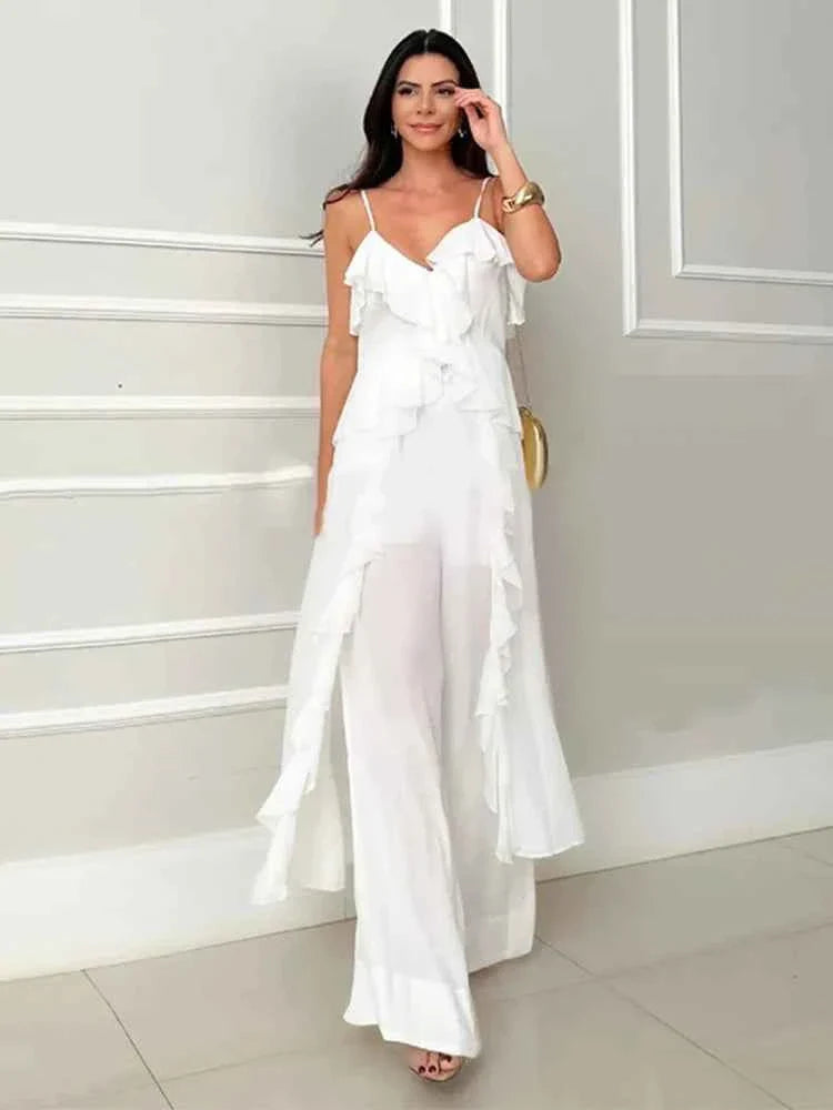 V Neck Ruffle Long Hem Slip Vest Loose Straight Pants Set