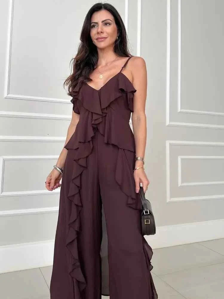 V Neck Ruffle Long Hem Slip Vest Loose Straight Pants Set