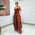 V Neck Ruffle Long Hem Slip Vest Loose Straight Pants Set