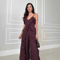V Neck Ruffle Long Hem Slip Vest Loose Straight Pants Set