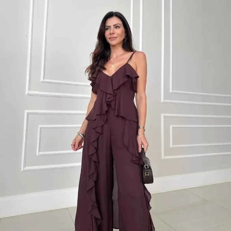 V Neck Ruffle Long Hem Slip Vest Loose Straight Pants Set