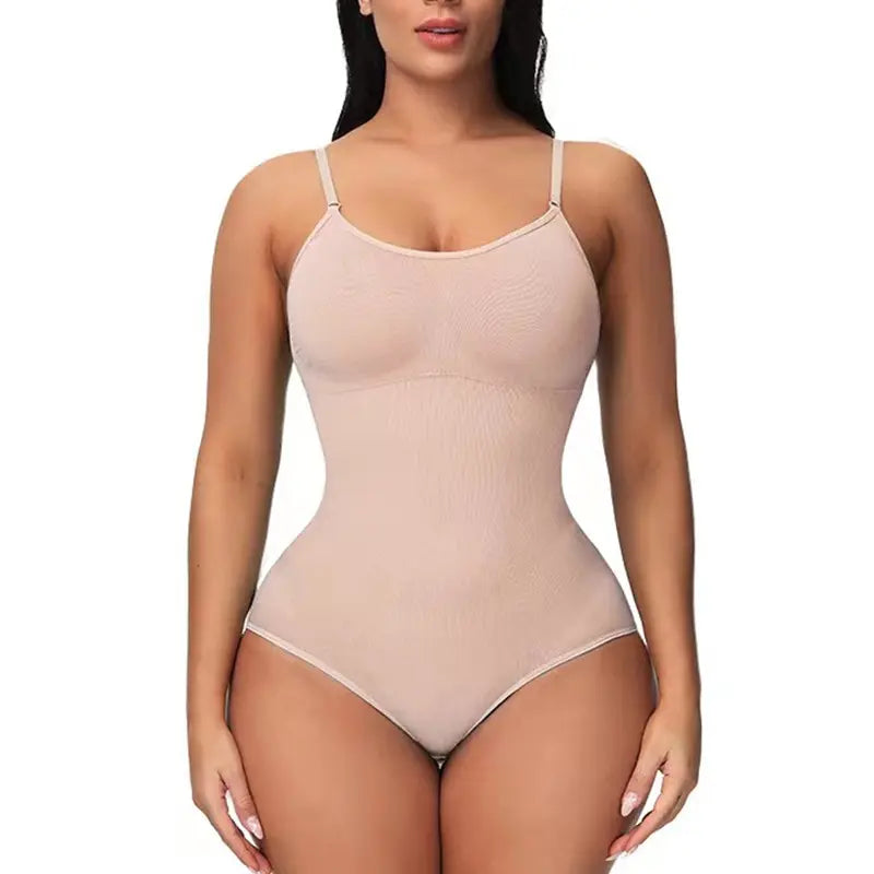 V Neck Spaghetti Strap Bodysuit Compression Body Suits - apricot / XS（old）