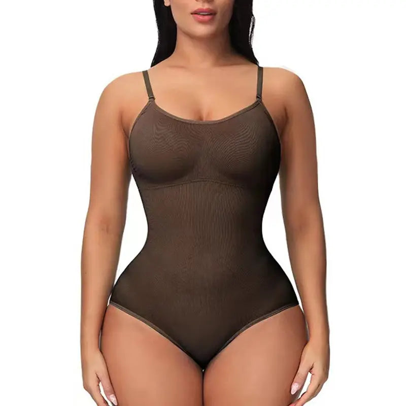 V Neck Spaghetti Strap Bodysuit Compression Body Suits - brown / XL