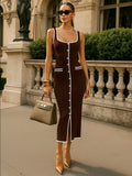 Vest-style Dress Contrast Color Single Row Multi-buckle Slit Long Knitted - Brown / L - electronic accessories