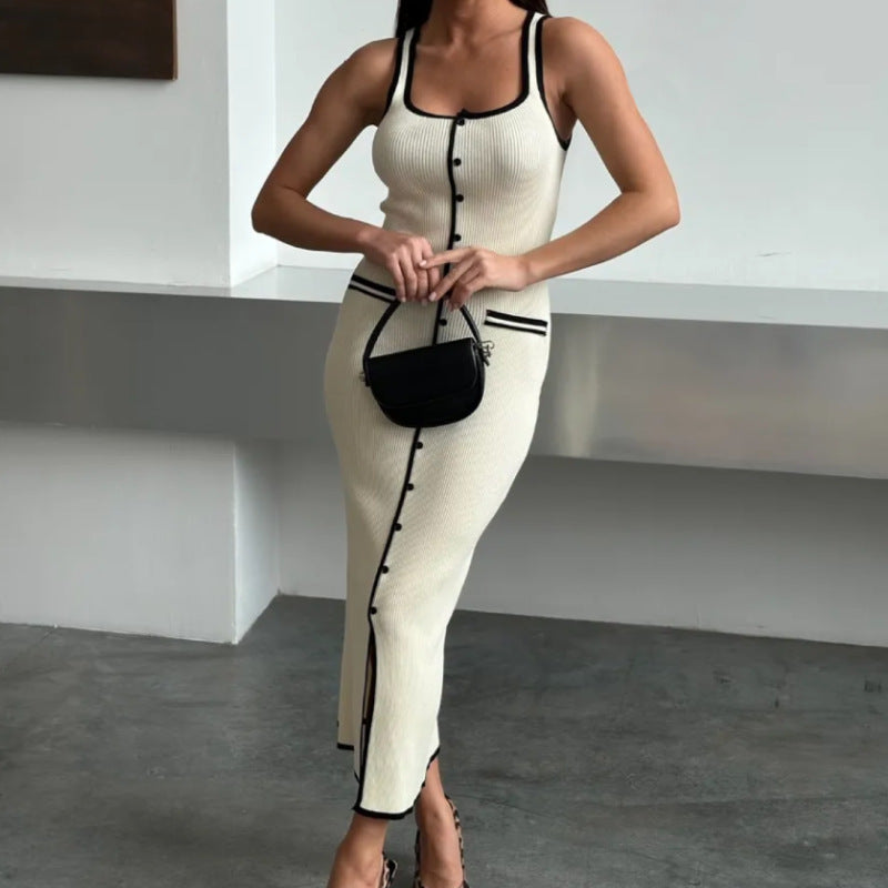 Vest-style Dress Contrast Color Single Row Multi-buckle Slit Long Knitted - White / L - electronic accessories