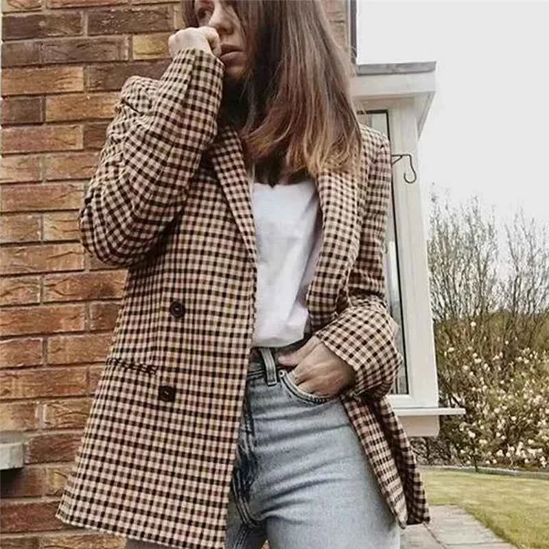 Vintage Bouble Breasted Plaid Women Blazer