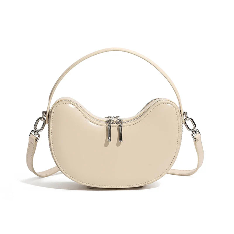 Vintage Genuine Leather Crescent Small Shoulder Crossbody Bags For Women - Beige