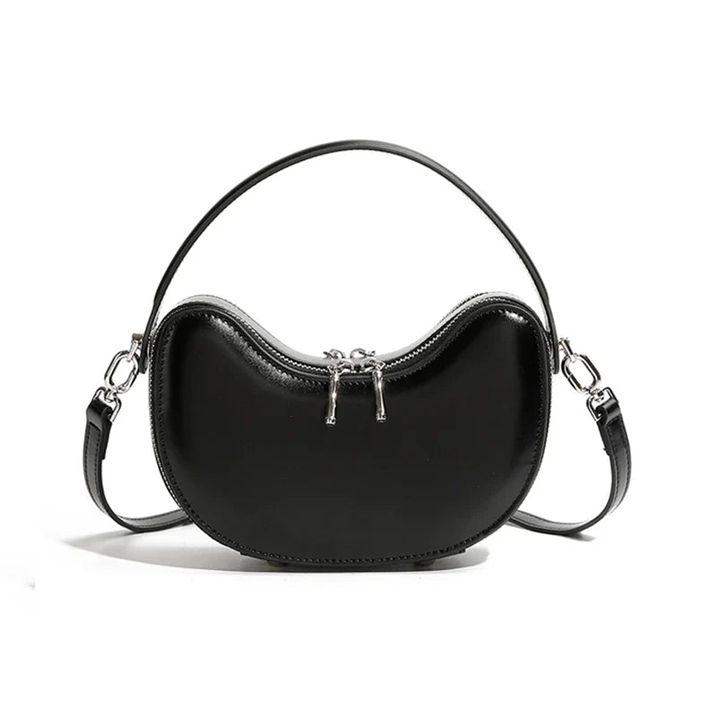 Vintage Genuine Leather Crescent Small Shoulder Crossbody Bags For Women - Black