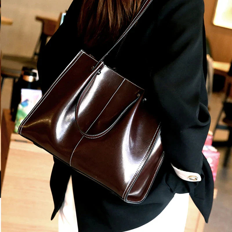 Vintage Genuine Leather Large Shoulder Tote Bag