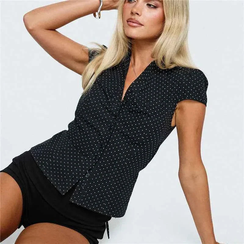 Vintage Grid Dot Print Puff Sleeves Shirts Women