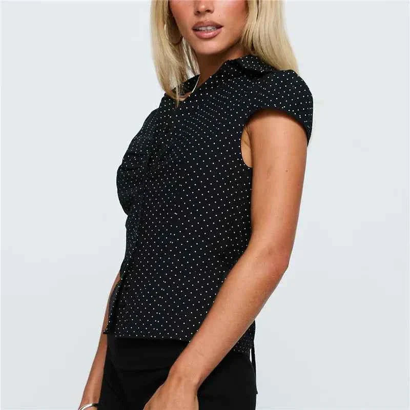 Vintage Grid Dot Print Puff Sleeves Shirts Women