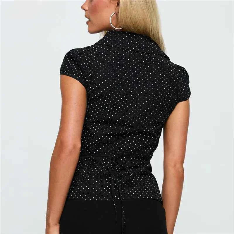 Vintage Grid Dot Print Puff Sleeves Shirts Women
