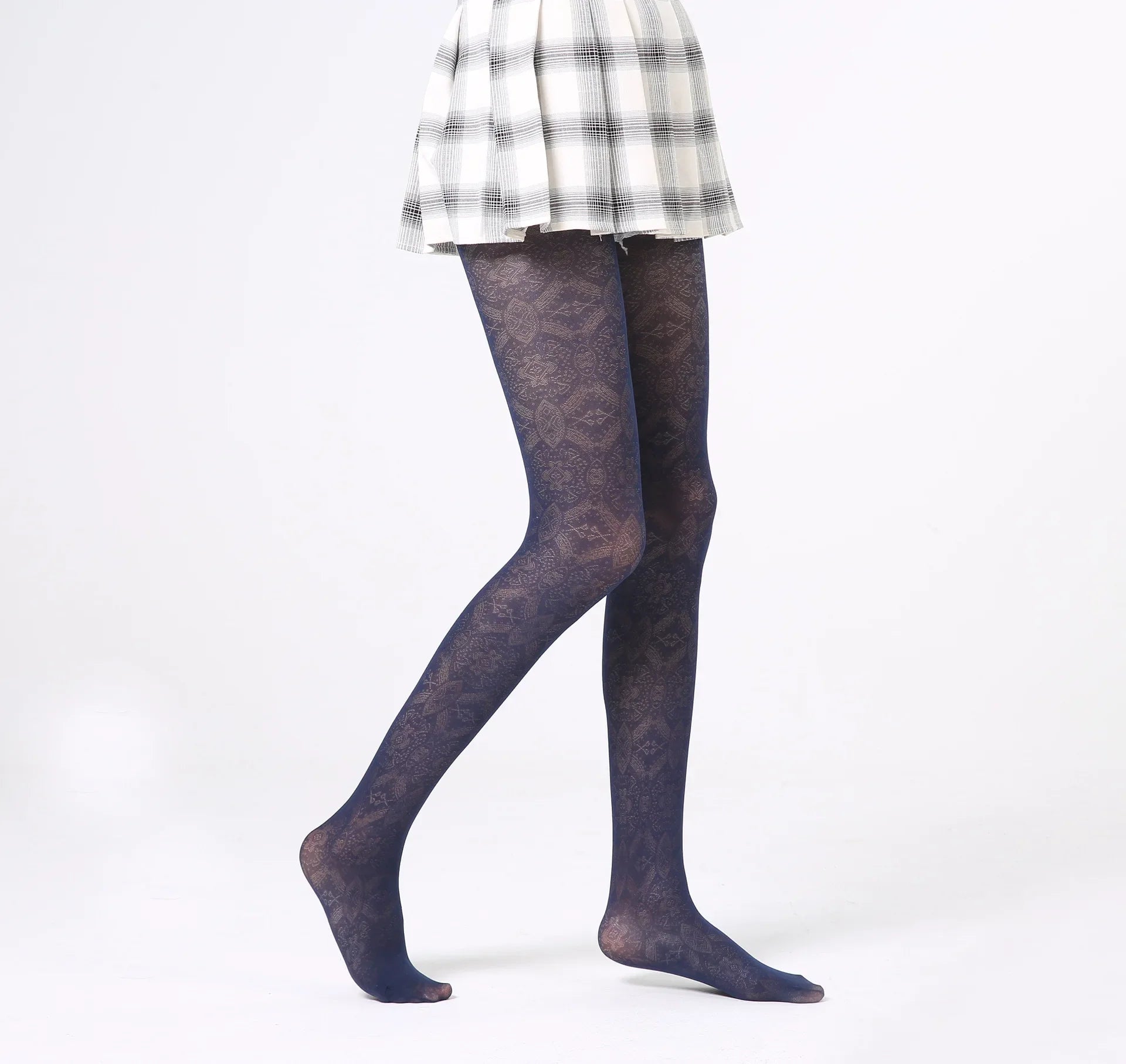 Vintage Lace Pattern Women’s Pantyhose - navy blue