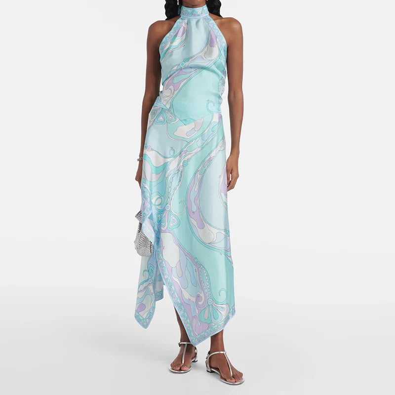 Vintage Lace Up Backless Halter Tops&Irregular Half Skirt 2 Piece - 01 Blue Print / M