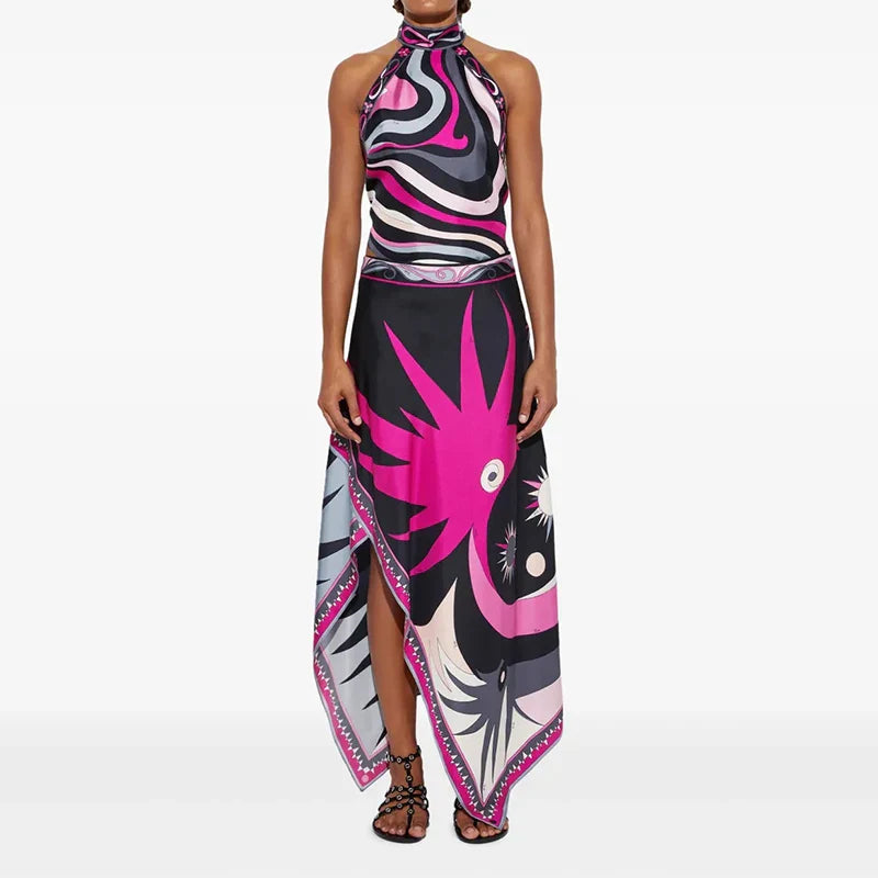 Vintage Lace Up Backless Halter Tops&Irregular Half Skirt 2 Piece - 02 Black Print / XL