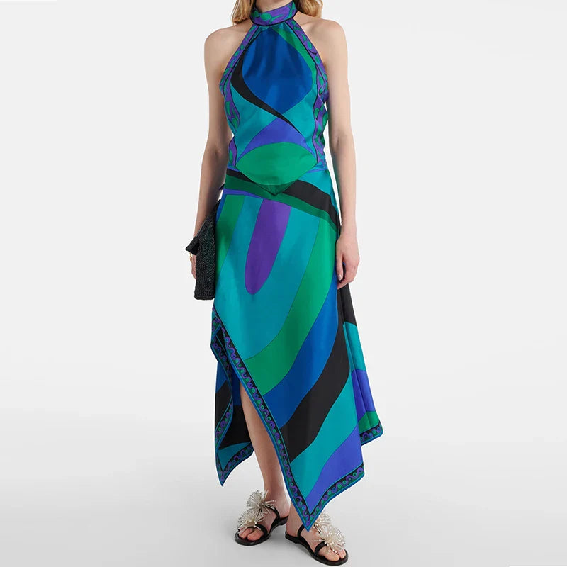 Vintage Lace Up Backless Halter Tops&Irregular Half Skirt 2 Piece - 03 Green Print / XL