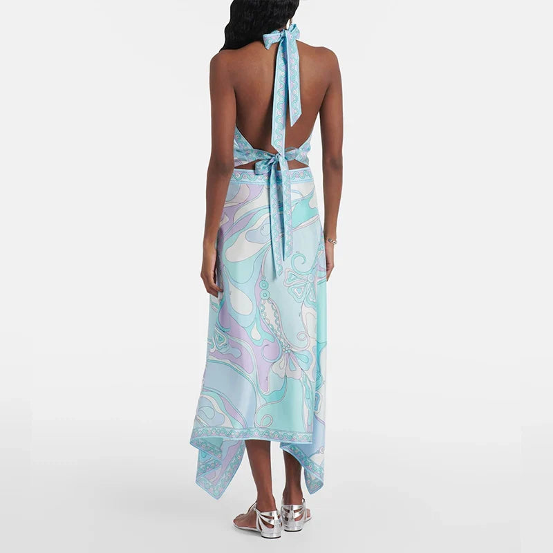 Vintage Lace Up Backless Halter Tops&Irregular Half Skirt 2 Piece - 01 Blue Print / M